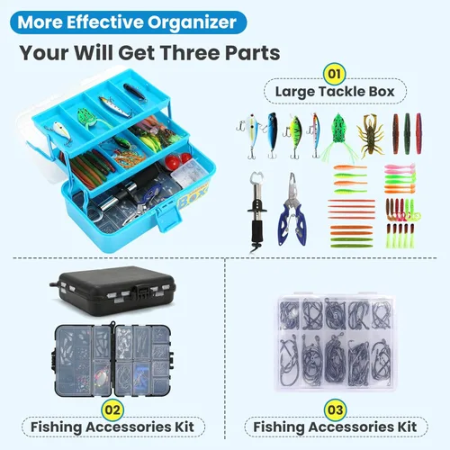 Miniatura 2 de Kit profesional de caja de aparejos de pesca de 3 capas con juego de accesorios, incluyendo señuelos de agua salada y agua dulce, herramientas, Caja