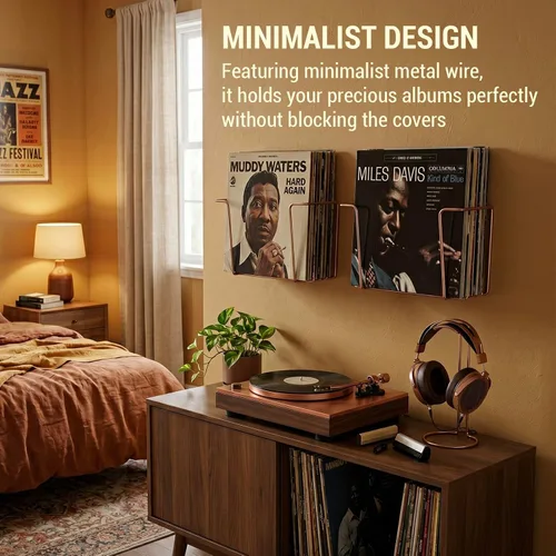 Miniatura 3 de MyGift Estantes Modernos de Alambre Metálico Montados en Pared para Almacenamiento de Discos de Vinilo, Soportes Colgantes para Discos LP, Estantes
