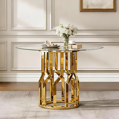Miniatura 10 de 47.2" Round Glass Dining Table for 4-6, Round Glass Kitchen Table with Steel Legs, Modern Dining Table for Dining Room, Kitchen, Home, Cafe