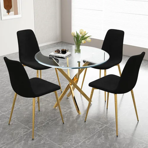 Juego de mesa de comedor de cristal para 4, juego de mesa de cocina redonda dorada de 5 piezas con 4 sillas tapizadas negras, mesa de comedor de