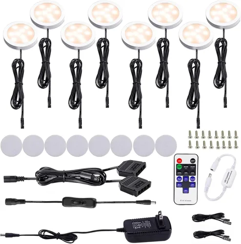 AIBOO Iluminación LED para debajo del gabinete de cocina, 12 V CC, paquete de 8 luces de disco de aluminio para mostrador, armario, muebles,