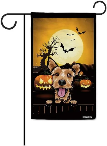 Miniatura 33 de Bandera de jardín de calabaza de Feliz Halloween Jack O'Lantern con perro Rhodesian Ridgeback Halloween Bat Boo Bandera decorativa para patio al