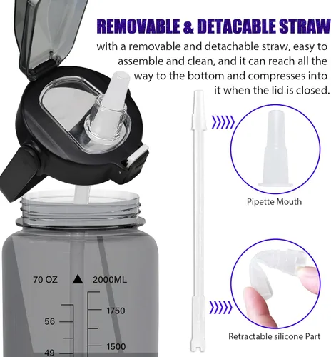 Miniatura 6 de Botella de agua de medio galón con manga, botella de agua motivacional de 64 onzas con popote y marcador de tiempo, botella de agua grande para Negro