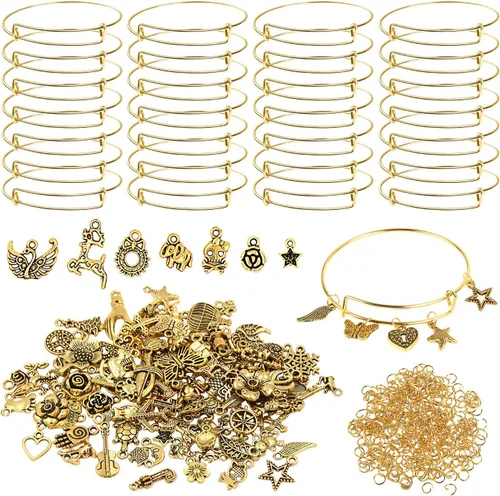 Miniatura 8 de UPINS 30 pulseras de plata expandibles en blanco, pulseras de alambre ajustables con 100 dijes de plata tibetana, 200 anillos abiertos para hacer
