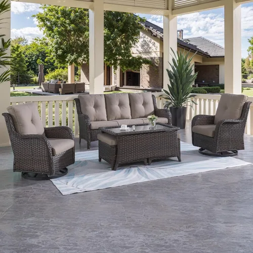 Miniatura 68 de HUMMUH Sillas Mecedoras Giratorias de Mimbre para Patio Exterior con Respaldo Alto, Sillas Deslizantes de Ratán PE, Juego de Muebles de Patio de 4
