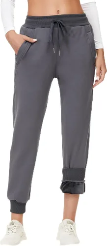 MOUEEY Pantalones deportivos súper cálidos con forro de sherpa para mujer, pantalones deportivos de forro polar con bolsillos con cremallera