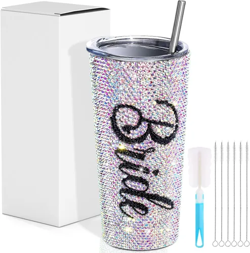 Vesici Vaso de novia con diamantes brillantes de 20 onzas, taza de novia aislada con popote y tapa, regalos de boda para fiesta de compromiso,