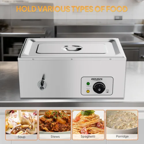 Miniatura 7 de ROVSUN Calentador de alimentos comercial de 21 cuartos de galón, calentador eléctrico de acero inoxidable de 110 V Bain Marie, mesa de vapor
