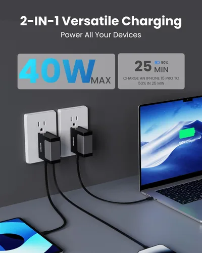 Miniatura 3 de Gitryin Cargador de pared USB C de 40 W con cable retráctil integrado, bloque de carga rápida plegable 2 en 1, artículos esenciales de viaje