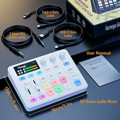 Miniatura 7 de Facmogu Mezclador de audio G9, mezclador de PC RGB de transmisión con interfaz de micrófono XLR, atenuador de volumen, botón de silencio