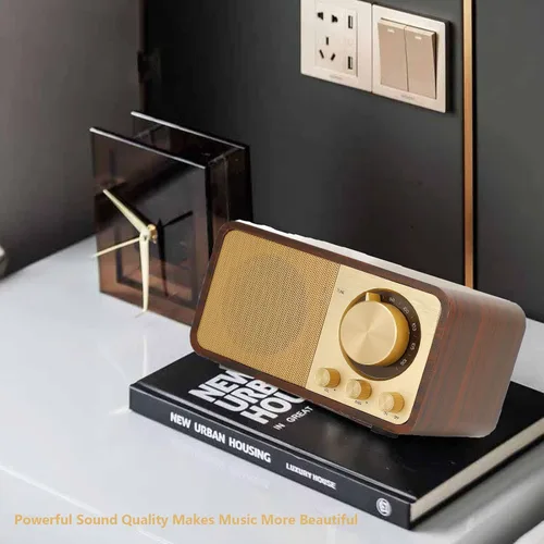 Miniatura 8 de Altavoz BT de madera retro vintage, radio AM FM portátil recargable con reproducción AUX/USB/TF, radio retro recargable para cafeterías