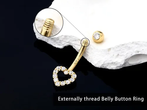 Miniatura 4 de Melighting Piercing para ombligo de oro real de 14 quilates, joyería de piercing de ombligo de corazón con circonita cúbica transparente, joyería