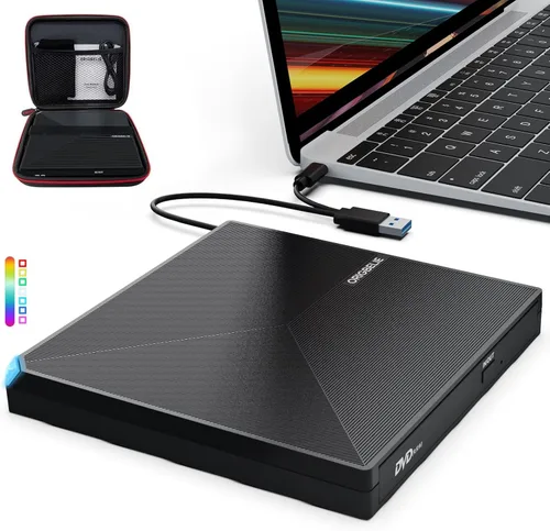Miniatura 14 de ORIGBELIE Unidad externa de CD y DVD, grabadora de CD USB 3.0 con 2 puertos USB y 2 ranuras para tarjetas TF/SD, unidad de disco óptico