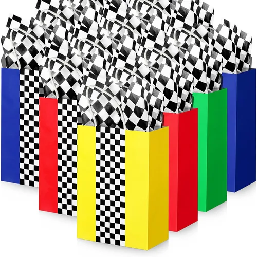 Glenmal Paquete de 16 bolsas de regalo para autos de carreras con papel de seda a granel de 8.3 x 5.9 x 3.1 pulgadas, bolsas de recuerdo de fiesta
