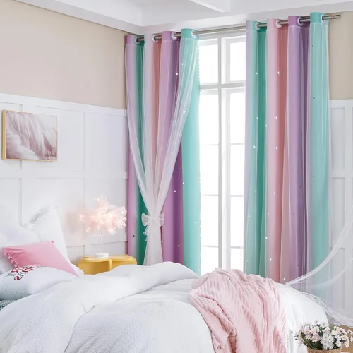 Miniatura 72 de XiDi Cortinas opacas con estrellas para habitaciones de niños, cortinas verdes para ventana de dormitorio de niños, azul y gris, 52 pulgadas de Azul