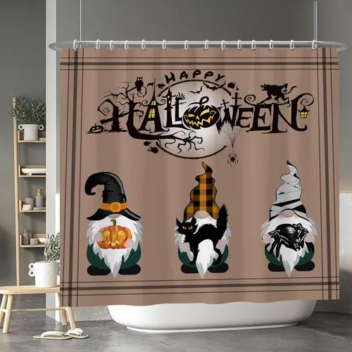 Miniatura 116 de Cortina de ducha de fantasma y gato negro para niños, 36 x 72 pulgadas, espeluznante y bonita, cortina de baño de Halloween con 6 ganchos, cortina