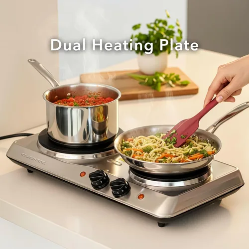 Miniatura 5 de OVENTE - Quemador eléctrico de doble encimera, 1700W, olla de cocina con placas calientes de hierro fundido de 7.25" y 6.10", control de BGS102S