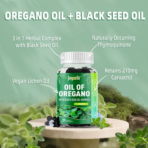 Miniatura 2 de Gomitas de aceite de orégano de 300 mg con 200 mg de aceite de semilla negra + D3 1000 UI, aceite orgánico de suplementos masticables de orégano