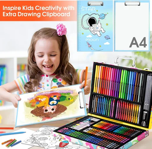 Miniatura 4 de Suministros de arte, juego de 180 piezas para dibujar y pintar para niños, niñas, niños, adolescentes, juego de arte para colorear con estuche