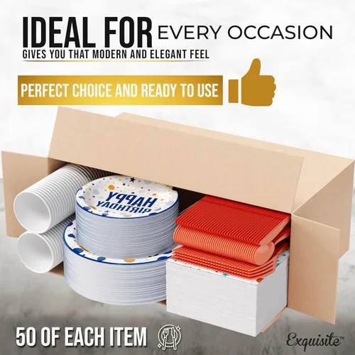 Miniatura 3 de Exquisite 350 Piezas Platos de Plástico de Cumpleaños Azules Para Fiestas, Juego de Platos Desechables de Cumpleaños Azules, 50 de Cada Juego