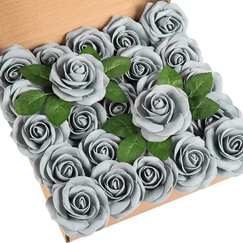 Miniatura 31 de DuHouse 25 rosas artificiales con tallos, flores de espuma de tacto real para bricolaje, ramo de boda, centro de mesa, arreglo floral, fiesta, Verde