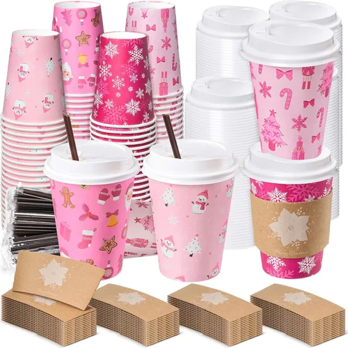 Miniatura 10 de Lallisa 100 juegos de tazas de papel desechables de café de Navidad para el invierno a granel con tapas, fundas y pajitas, tazas de café de copos