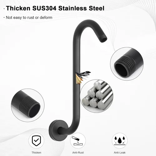 Miniatura 4 de Brazo de ducha en forma de S, tubo de extensión de cabezal de ducha de altura alta, conexión estándar de 1/2 pulgada con brida, impresionante Negro