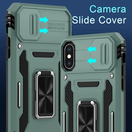 Miniatura 2 de DEERLAMN Funda para iPhone Xs Max con funda deslizante para cámara + protector de pantalla, soporte giratorio de anillo de grado militar a prueba