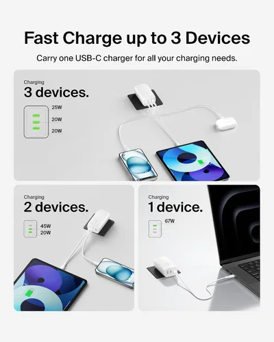 Miniatura 4 de Belkin Bloque de cargador USB C de 3 puertos de 67 W - PPS USB-C PD3.1 PPS carga súper rápida - Samsung Galaxy S26, Apple iPhone 17, Air, Pro