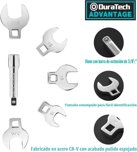 Miniatura 2 de DURATECH Juego de llaves Crowfoot de 3/8 pulgadas con 2 barras de extensión, SAE y métricas, 19 piezas, 10-22mm y 3/8"-7/8", acero CR-V