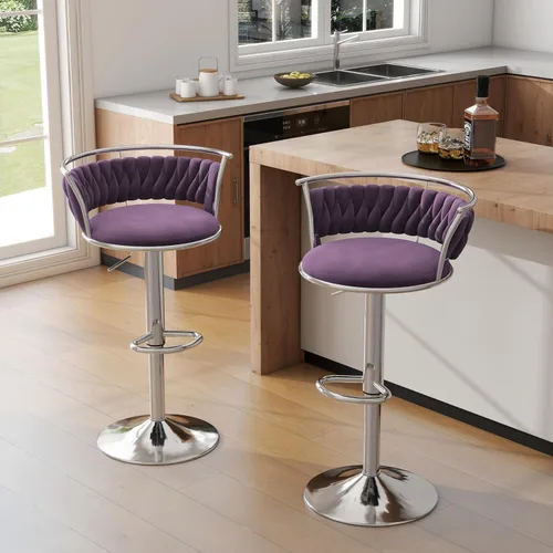 Miniatura 13 de Juego de 2 taburetes de bar giratorios de 360°, silla de bar de terciopelo ajustable a altura de mostrador moderna, taburete de metal plateado