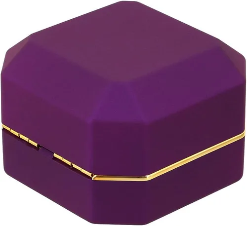 Miniatura 5 de Caja de anillo de compromiso de propuesta de terciopelo de forma cuadrada Caja de regalo de moneda de joyería de luz LED (morado)