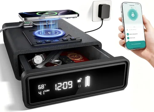 Miniatura 10 de ORARAER Caja fuerte biométrica inteligente para armas con carga inalámbrica, 3 cajas de dinero de acceso rápido con huella dactilar, caja fuerte