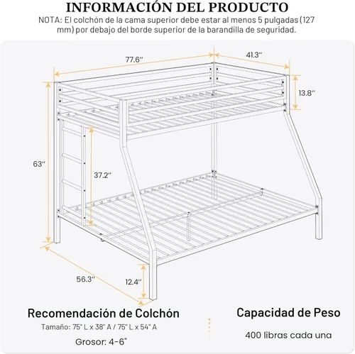 Miniatura 2 de SHA CERLIN Litera tipo loft de tamaño individual sobre full con escalera y barandilla, listones de metal resistente, no necesita somier, muebles