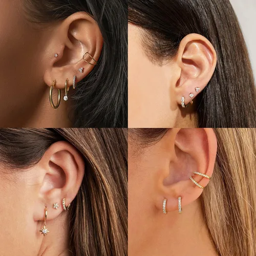 Miniatura 2 de Juegos de aretes de plata y oro para múltiples piercings, aretes de cartílago pequeños hipoalergénicos de plata de ley