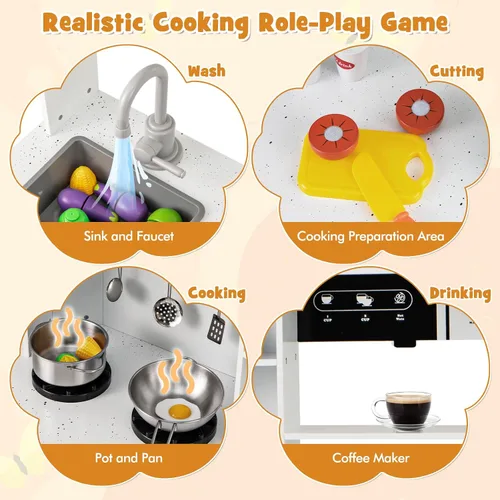 Miniatura 4 de HONEY JOY Juego de cocina de esquina para niños, juego de cocina de juguete de madera con luces y sonidos, campana extractora, máquina de hielo