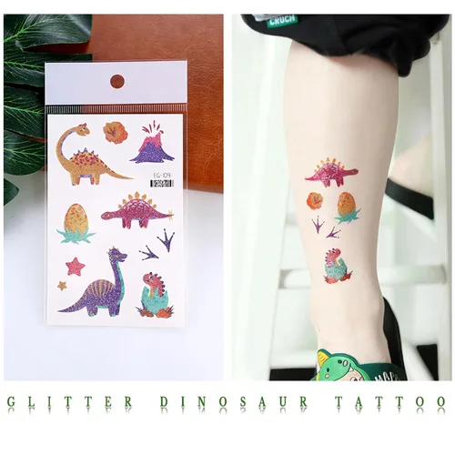 Miniatura 3 de Yobbai Tatuajes temporales con purpurina para niños, estilos mixtos de mariposa, panda, criatura marina, sirena y dinosaurio, tatuajes falsos