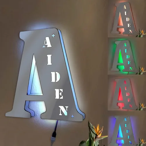 Luz de espejo con nombre de letra, luz LED personalizada del alfabeto, letrero de letras iluminadas, luz nocturna para decoración de pared, espejo