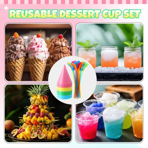 Miniatura 7 de FoldTier 20 tazas reutilizables de cono de nieve de 6 onzas con 20 cucharas de plástico multicolor de 9.3 pulgadas, suministros de hielo afeitado a