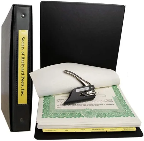 Miniatura 4 de Kit corporativo con PDF de actas y estatutos, Carpeta de registros negros con funda a juego, sello de empresa, certificados de acciones impresos
