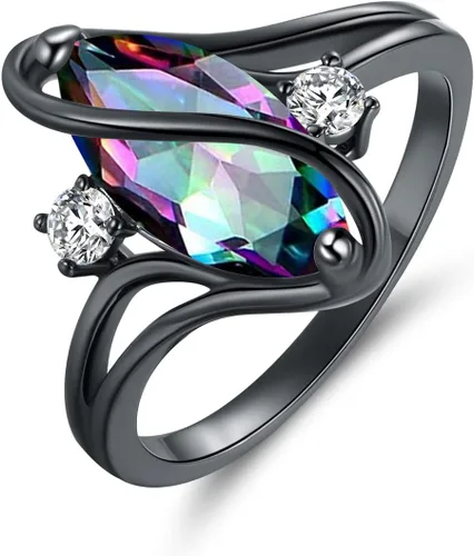 18K Black Gold Plated Rainbow CZOpal Marquise Rings for Women Cocktail Promise Eternity Band Party Birthday Gifts Fashion Jewelry