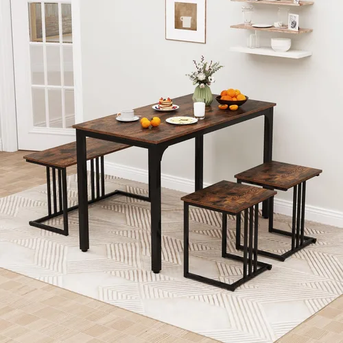 Miniatura 2 de Giantex Juego de mesa de comedor de 4 piezas para 4, mesa y sillas de cocina modernas, juego de muebles anidables con banco y 2 taburetes, juego