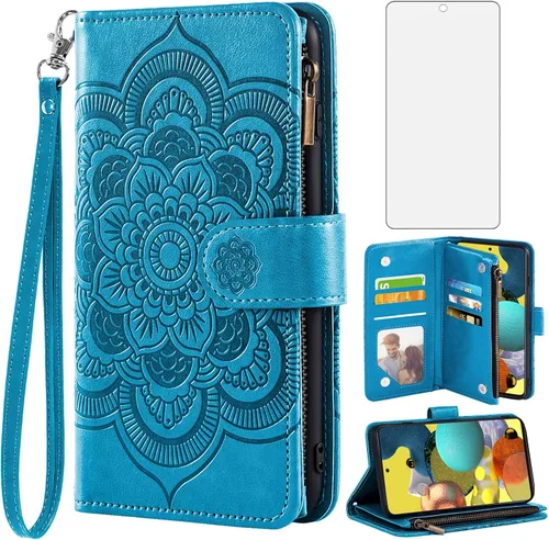 Asuwish Compatible con Samsung Galaxy A51 5G/A 51 5G UW Verizon - Funda tipo cartera y protector de pantalla de vidrio templado, funda de cuero con