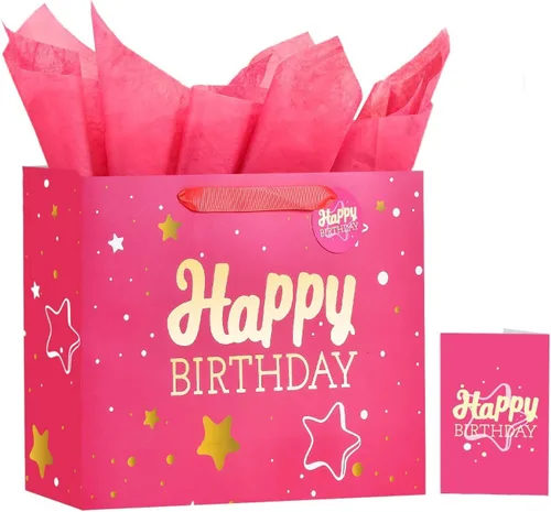 Miniatura 48 de Powbrace Bolsa de regalo de cumpleaños negra con papel de seda y tarjeta de felicitación, 13 x 10.2 x 4.9 pies, mediana
