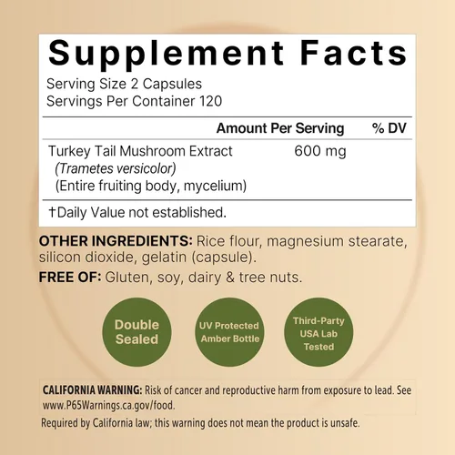 Miniatura 2 de NatureBell Cápsulas de extracto de hongo de cola de pavo, 600 mg por porción, 240