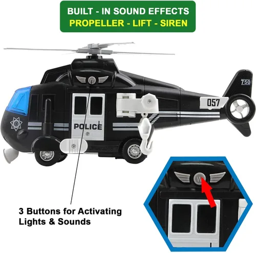 Miniatura 3 de Liberty Imports Helicóptero de rescate policial con motor de fricción para niños Chopper Push and Go con luces de acción y sonidos de juego