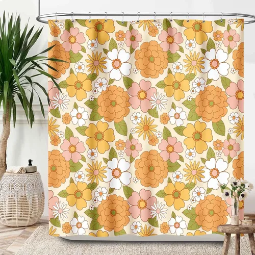 Miniatura 35 de Cortina de ducha estilo bohemio, retro de los años 70, abstracto, colorido, amanecer, hippie, patrón de mediados de siglo, bohemio, impermeable