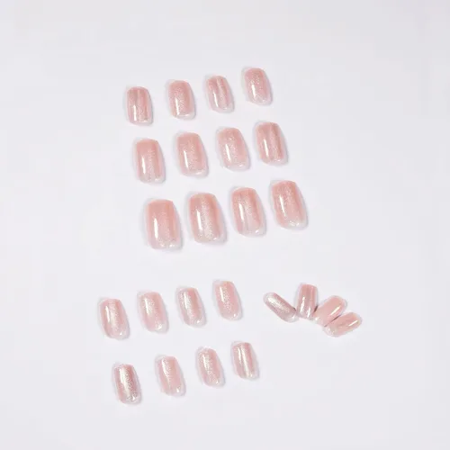 Miniatura 4 de BFY Uñas postizas a presión de ojo de gato, uñas postizas cuadradas medianas, uñas acrílicas de gel rosa claro, kit de uñas postizas holográficas