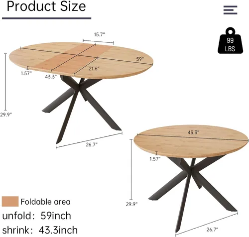 Miniatura 6 de HIPIHOM - Mesa de comedor redonda extensible de 43.2"-59.1", mesa redonda moderna de madera de mediados de siglo, mesa de café de roble para ocio