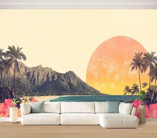 Miniatura 22 de Hawaii - Mural de pared retro exótico exótico tropical con olas de playa, paisaje, vintage, despegar y pegar, autoadhesivo, extraíble, adhesivo